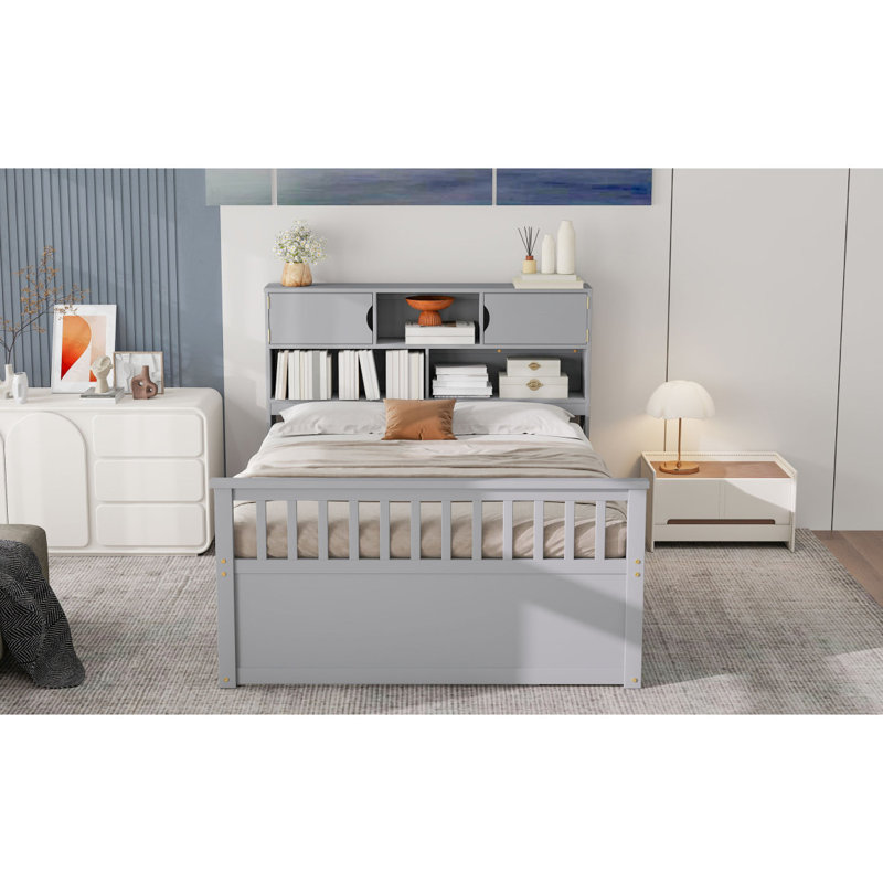 Structure de lit plateforme double pleine grandeur avec bibliothèques de rangement et tablettes, quatre tiroirs,, Gris