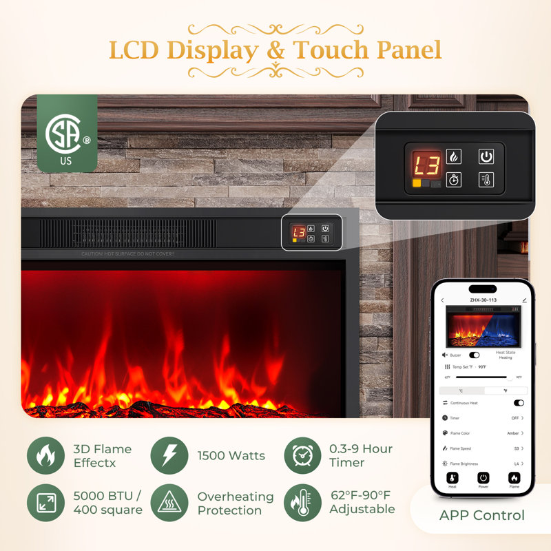 30" Electric Fireplace with App Control and Multicolor Flame