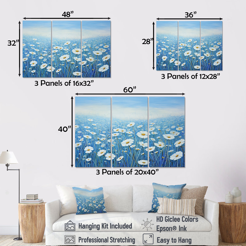 «Serene Azure Flowers Field I», ensemble d'art sur toile, H 28 po x l 36 po x P 1 po, Toile tendue