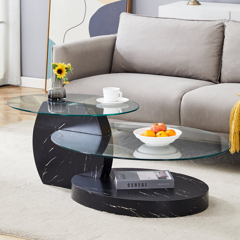  Table basse double couche avec finition en marbre noir, plateau ovale et design artistique moderne, marbre noir