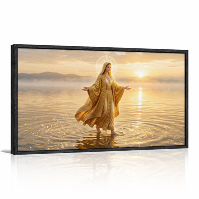 Woman in Golden Robe Walking on Water at Sunset Canvas Wall Art