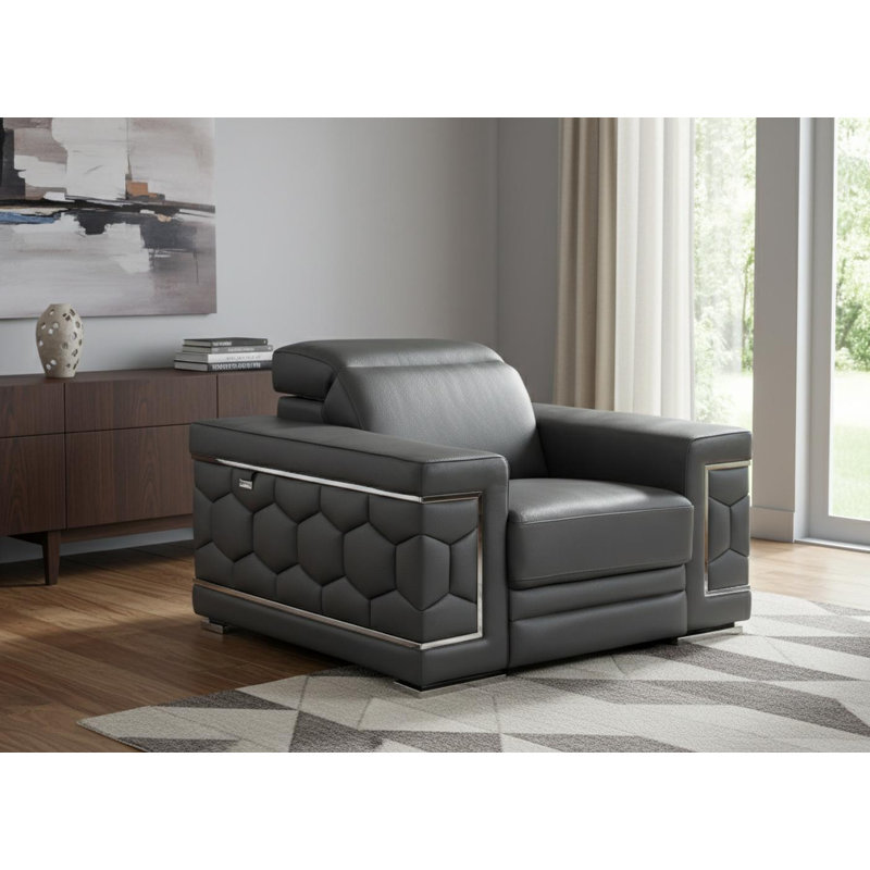 Fauteuil en cuir véritable gris foncé Gracie Mills avec détails argentés, Grey