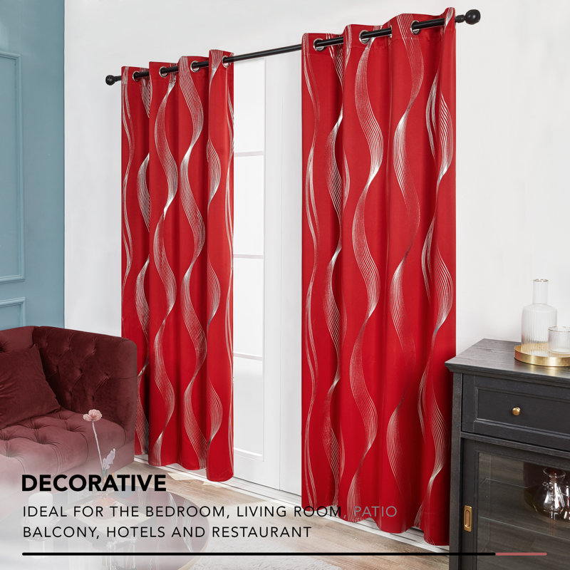 Spurgh Sliver Wave Foil Print Blackout Thermal Grommet Curtain Panels (Set of 2), 52" W x 54" L, True Red