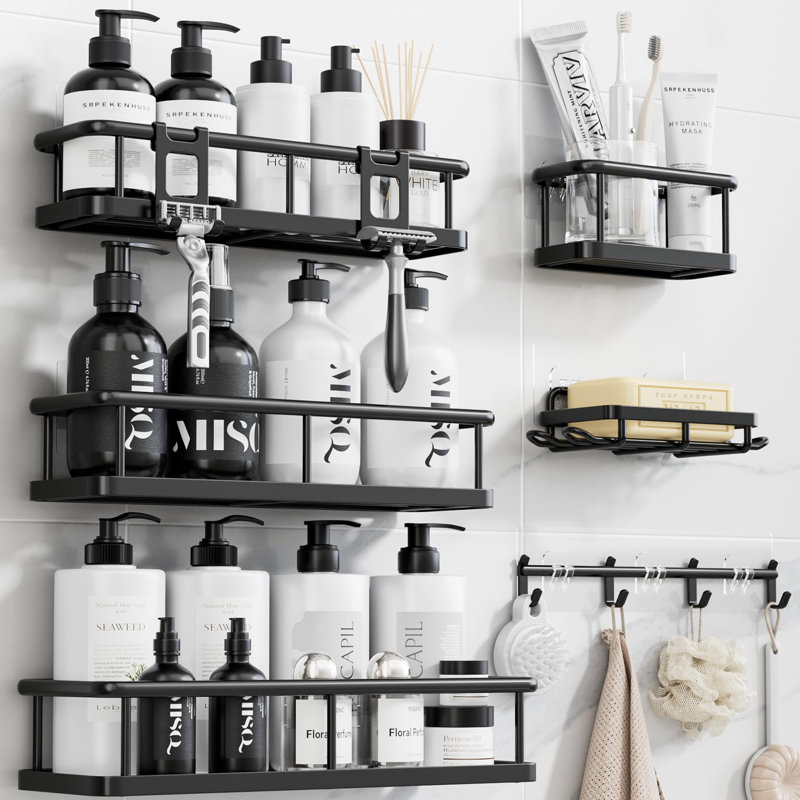Organisateur de douche adhésif antirouille avec porte-savon, ensemble de 6, noir, Black