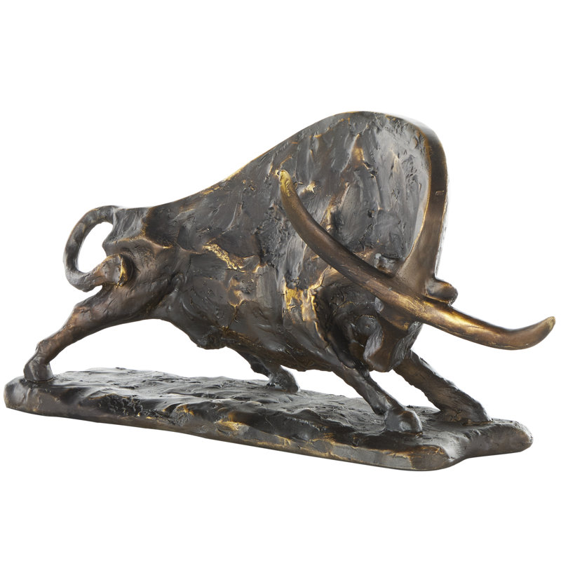 Antu Polystone Distressed Textured Bull Decorative Black Sculpture with Gold Accents