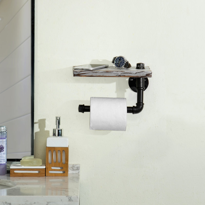 Wall-Mounted Toilet Roll Holder with Wood Storage Shelf