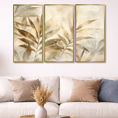 Neutral Palm Leaves Drift II – Tropical Framed Wall Art Set of 3