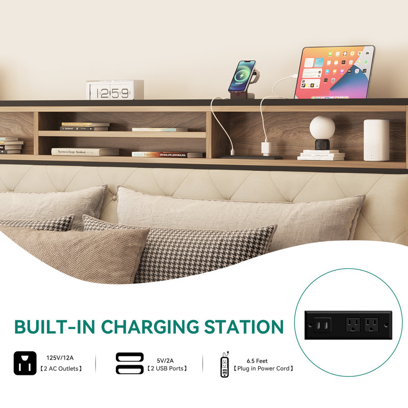 Noise-Reducing Upholstered Storage Bed with Built-In Charging Station, King