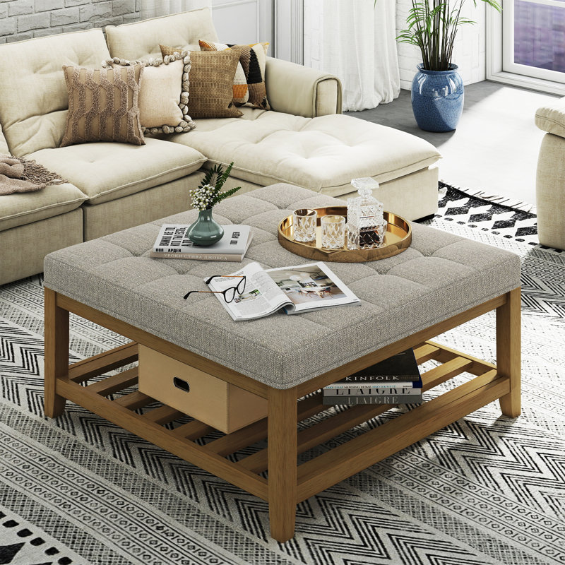 Upholstered Ottoman Coffee Table with Open Storage Shelf,  33.5'' x 33.5'' x 18.5'', Linen