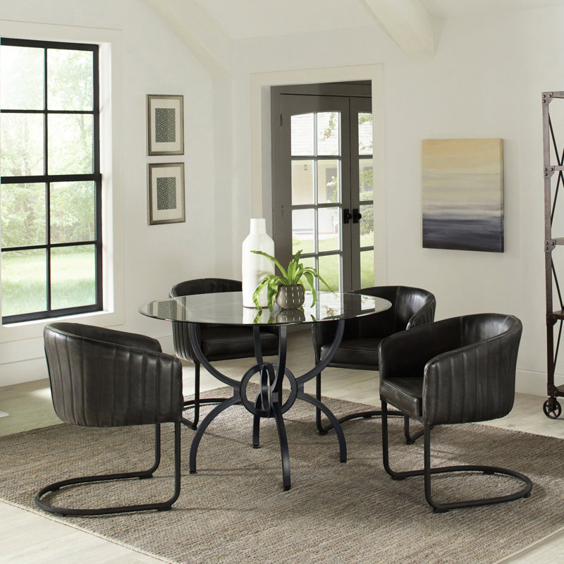 Table de salle à manger ronde de 122 cm (48 pouces) avec plateau en verre trempé transparent de 6 mm, pied central en métal gris anthracite, 4 couverts, style rustique, idéale pour les repas de famille et les petits coins repas.