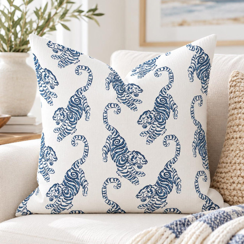 Indigo Blue Tiger chinoiserie asian insprired throw Pillow, Rectangle 12"H x 19"W
