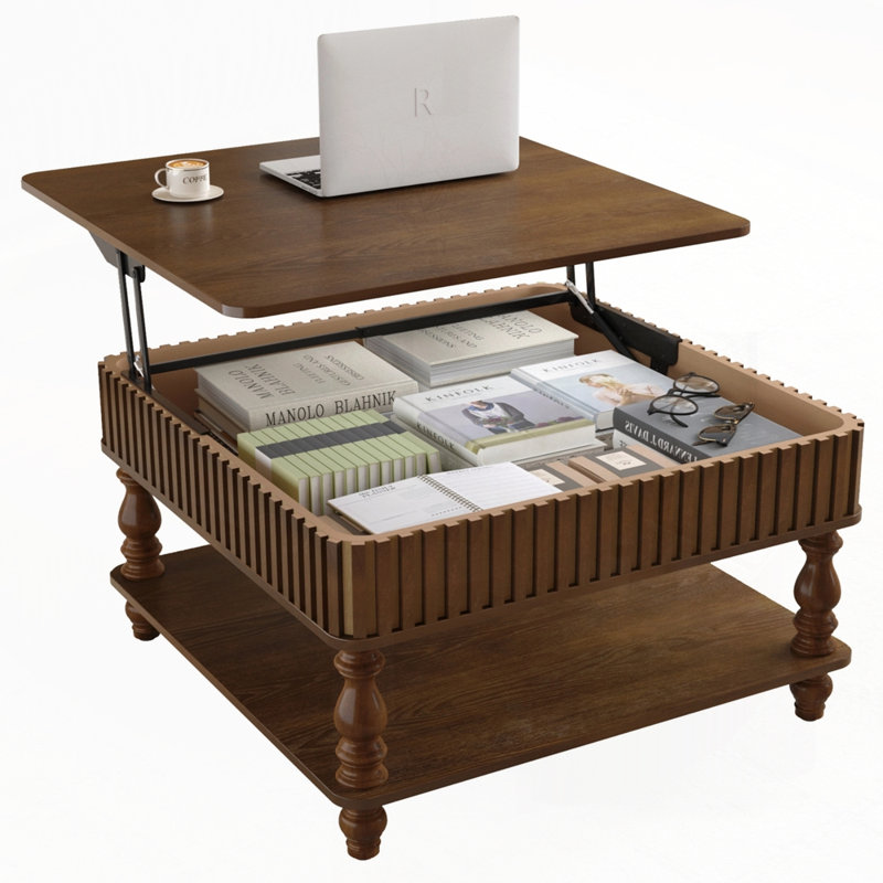 Table basse à plateau relevable avec cadre de rangement en bois massif, Noyer, 31.5"
