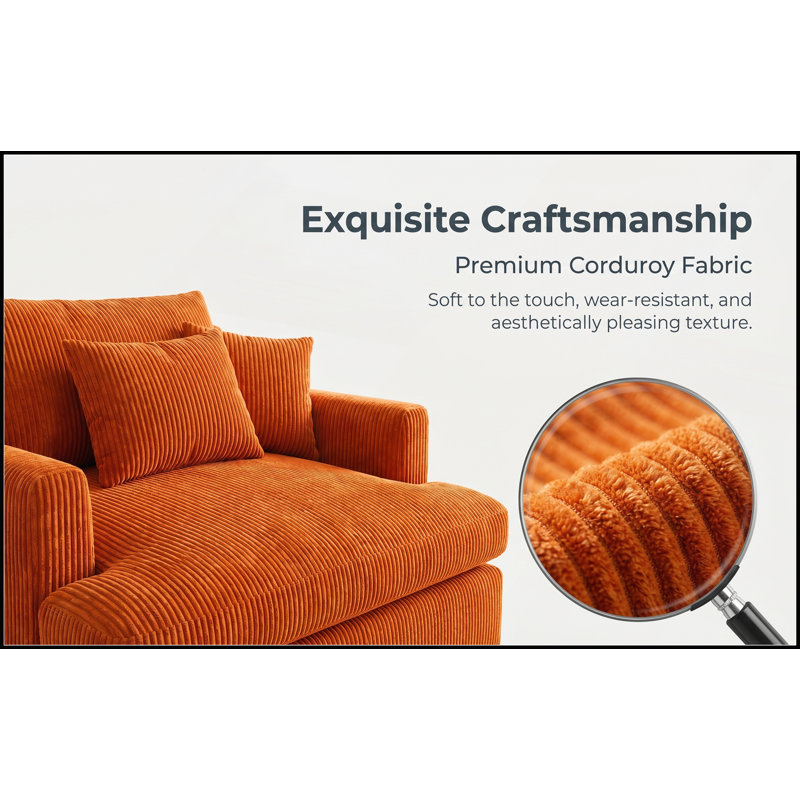 Canapé-lit surdimensionné de 66 po avec coussins surdimensionnés et sans os, Orange Corduroy, Orange