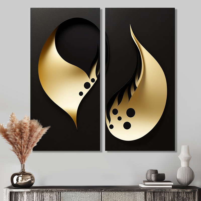 Gouttelettes dorées sur fond noir - grande décoration murale géométrique abstraite, H 20 po x l 24 po, Toile tendue