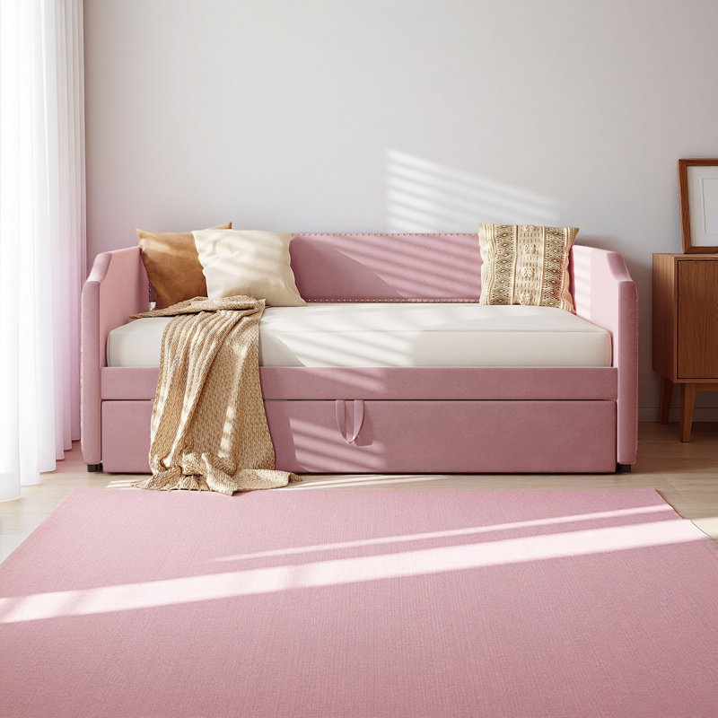 Lit de jour simple en velours rembourré avec lit gigogne, Rose