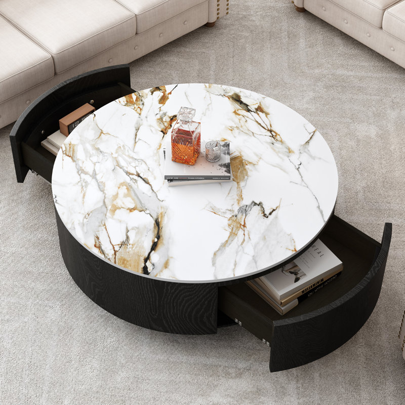 Table basse ronde rustique de 90 cm (35,4 pouces) avec 2 tiroirs et plateau en pierre frittée, noire