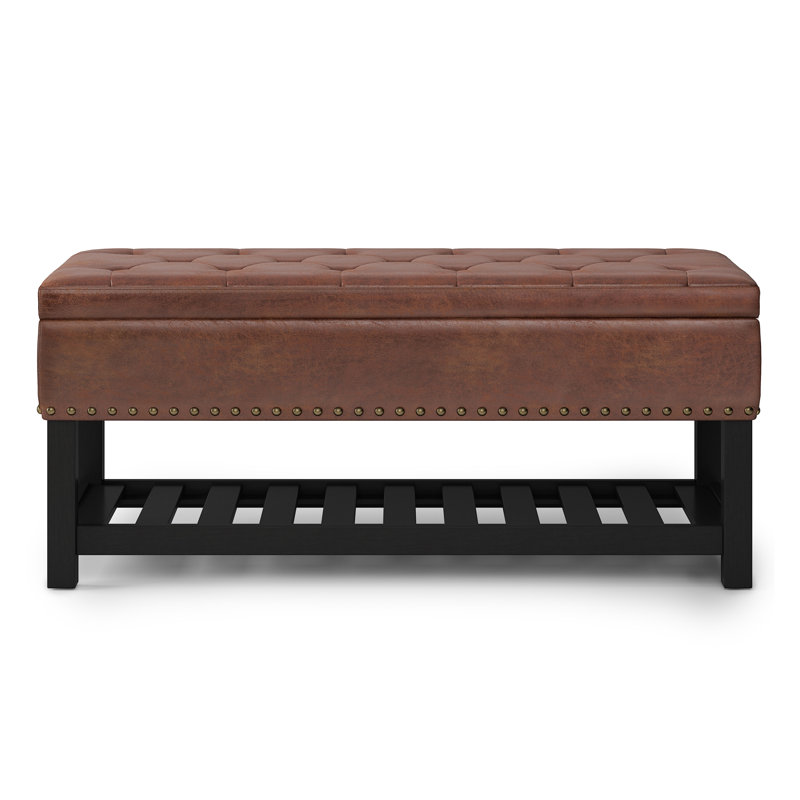Distressed Saddle Brown Tufted Faux Leather Storage Bench