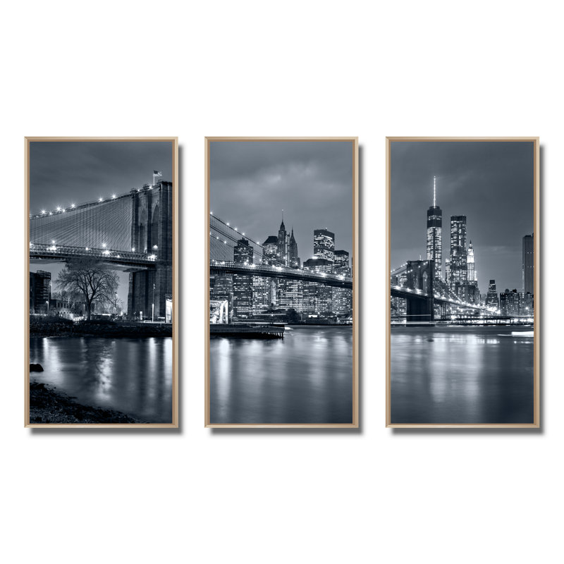 «Panorama New York City At Night - Cityscape», ensemble d'art mural sur toile encadré, H 28 po x l 36 po, Érable