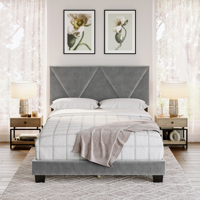 Boyd Sleep Vector Upholstered Velvet Platform Bed, Adjustable Height Headboard, No box Spring Required, Queen