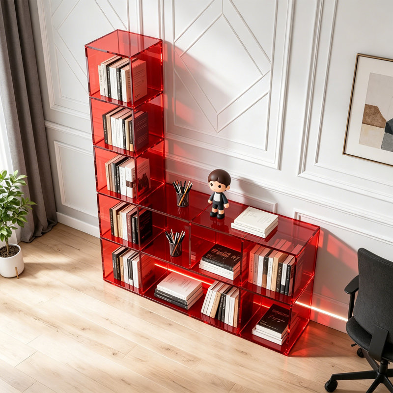 Bibliothèque moderne en acrylique rouge, (5 tablettes) H 49,21 po x l 47,24 po x P 11,81 po