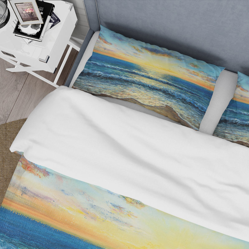 Ensemble de housse de couette nautique et côtière Morning Light On The Ocean Waves I - Polyester en microfibre