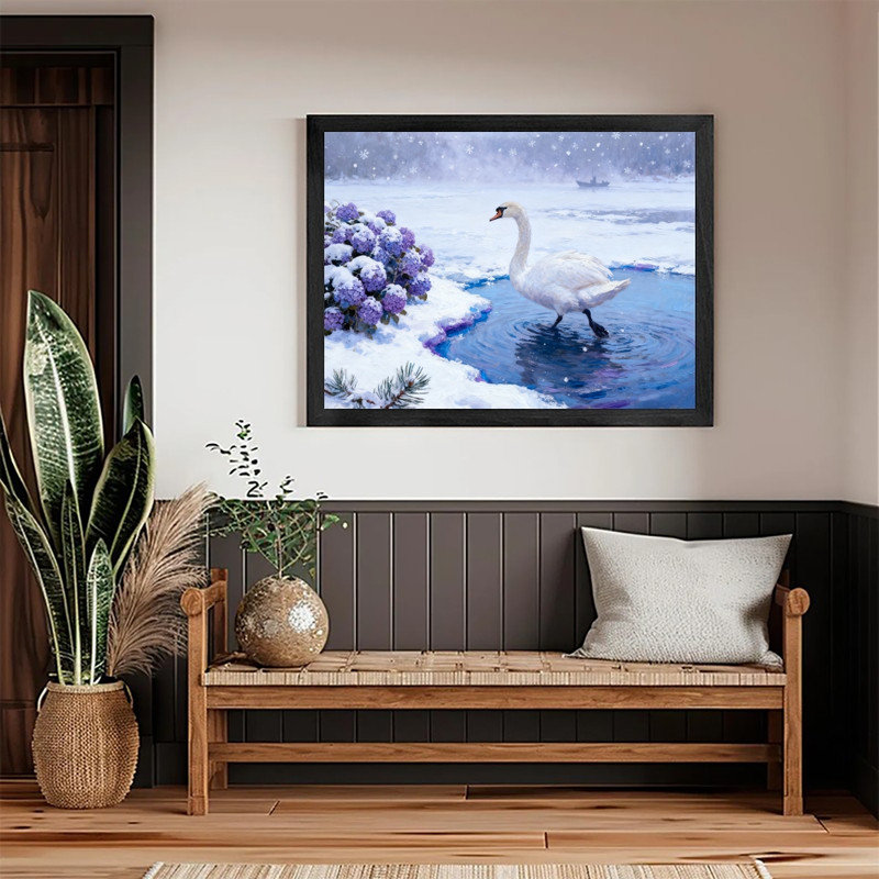 Reproduction encadrée noire de cygnes et d'hortensias enneigées, impression de peinture de paysage d'hiver impressionniste