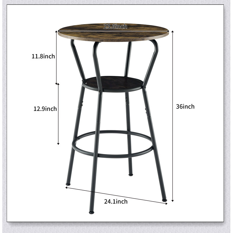 Round bar table and stool set with shelf, upholstered stool with backrest
