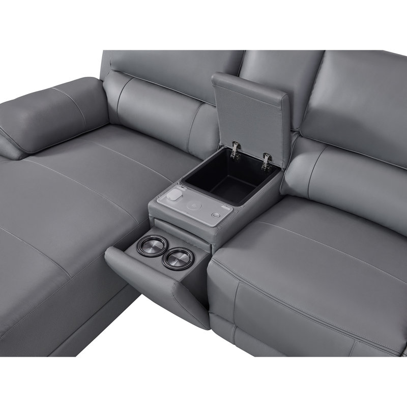 Carrabelle Leather Power Recliner Console,USB Port, Left Hand Facing, Grey Genuine Leather