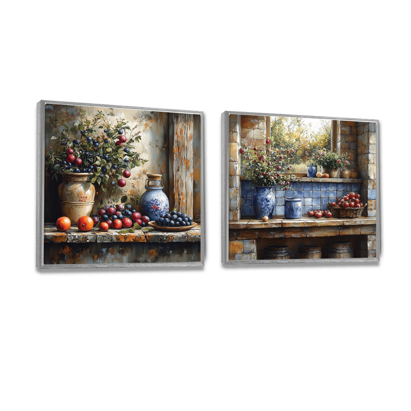 Farm Kitchen Earthy Delights I - Art mural de cuisine - Toile d'art murale traditionnelle 2 pièces, Argent argent