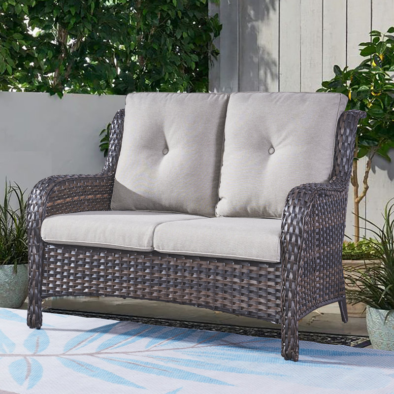 Tonry 53'' Wide Rectangle Wicker Patio Sofa with Cushions, Brown, Taupe