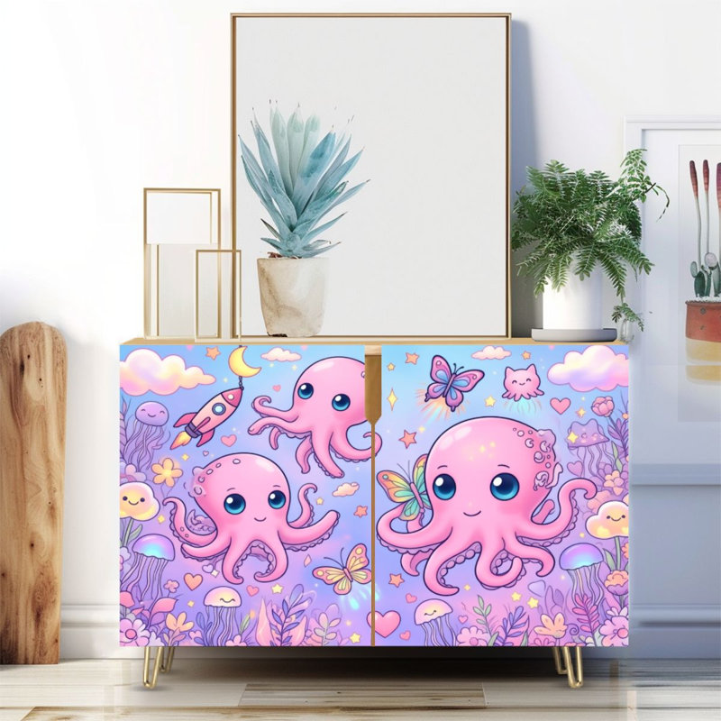Buffet étroit de 35,4 po de largeur - armoire de rangement décorative à 2 portes avec impression de hallucination psychédélique et champignons métalliques