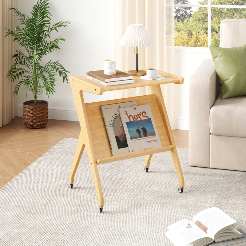 Table de bout en bois avec roulettes, table d'appoint en bambou, Bois naturel