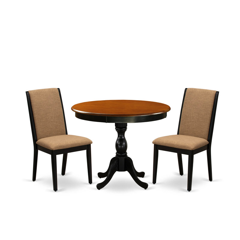 3 Piece Modern Dining Table Set Contains 1 Drop Leaves Dining Room Table and 2 Grey Linen Fabric Upholstered Chair with High Back - Acacia Walnut Finish