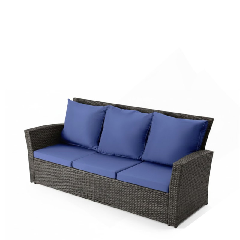 67.7" All-Weather Wicker 3-Seat Patio Sofa With Thick Cushions, Blue