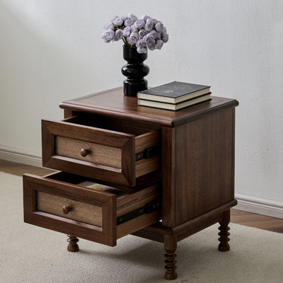 Retro Walnut Glass Bedside Nightstand for Bedroom