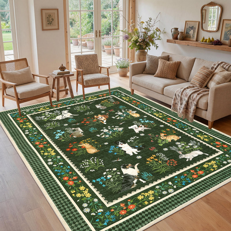Tapis lavable à la machine Cute, Vert, Rectangle 5 pi x 7 pi