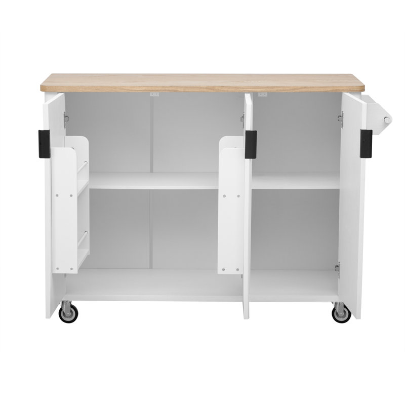 Îlot de cuisine cannelé de 51 po avec abattant, îlot de cuisine Farmhouse sur roulettes avec support de rangement interne, chariot de cuisine roulant avec porte-serviettes