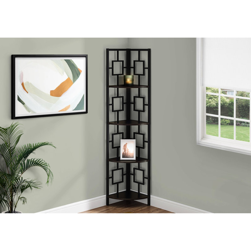 Bibliothèque d'angle à 4 niveaux - métal noir, stratifié pour chambre à coucher et bureau, brun