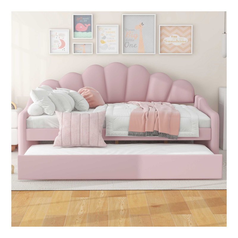 Full Size Upholstery Daybed Frame with Shall Shaped Backrest and Trundle, Pink