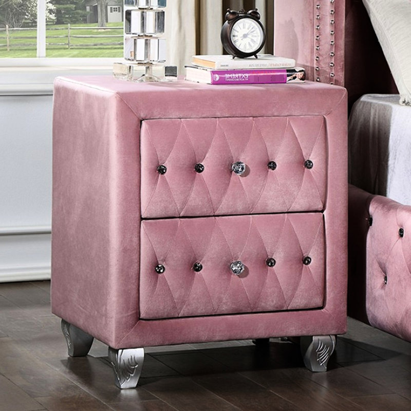 Table de chevet 2 en bois massif rose pour l'élégance de la chambre à coucher avec revêtement en velours et détails en acrylique
