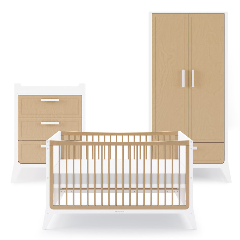Cot Bed 3-Piece Nursery Furniture Set, White/Natural