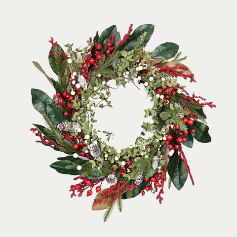 24-Inch Christmas Wreath With Eucalyptus, Berries & Pine | Red Holiday Door Decor - View #4