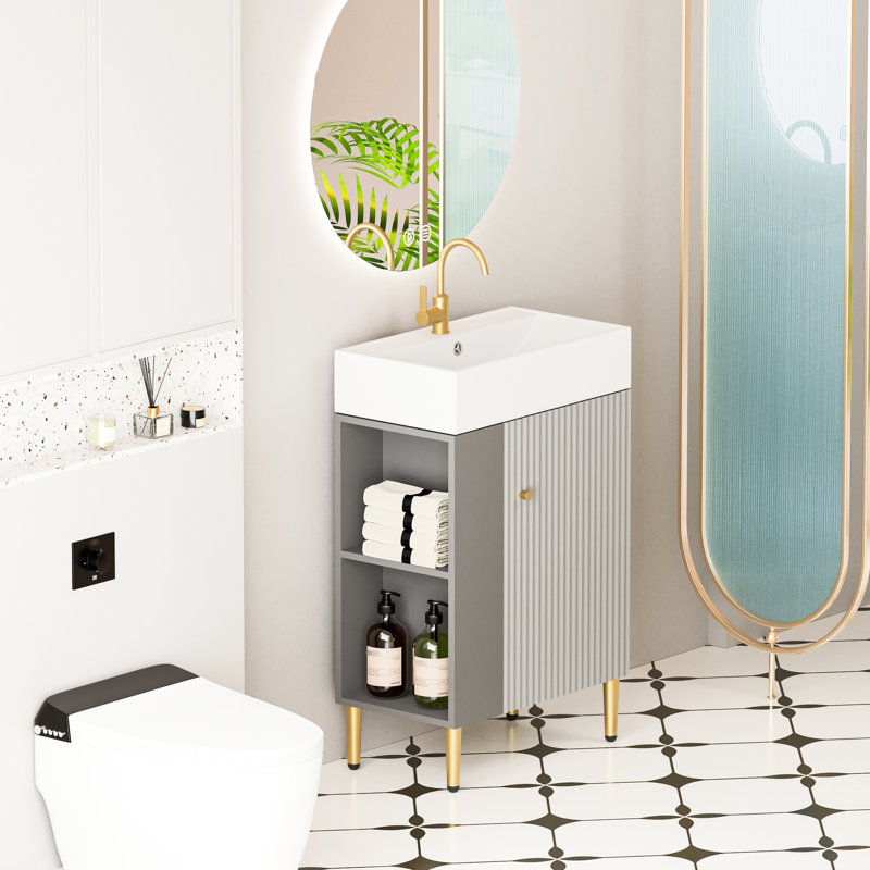 Meuble-lavabo de 21,6 po avec finition grise, lavabo en céramique, porte à fermeture en douceur, tablettes ouvertes, matériau, entretien facile avec accents en cuivre brossé à motif de vagues, armoires latérales, pour nettoyer la surface