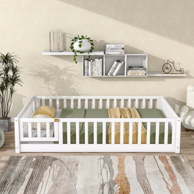 Full Size Floor Bed Frame With Fence And Door,Rubber Wooden Frame Material Floor Bed Frame With Safety Guardrails