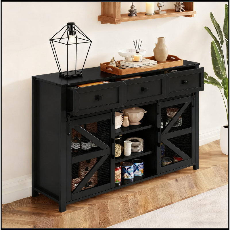 Sliding Barn Door Sideboard With 3 Drawers, Particle Board & Metal Mesh Storage Cabinet With Aluminum Handles & Metal Accents For Living Room, Dining Room