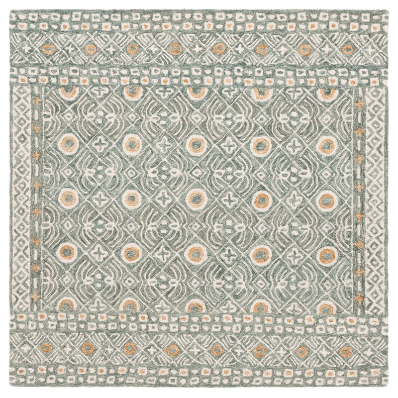 Tapis vert / ivoire en laine / coton touffeté à la main Montario, Carré 5 pi