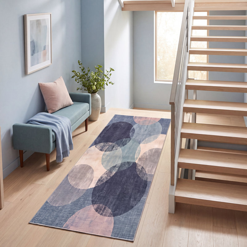Tapis Canyon Modern Circles à motifs géométriques bleu marine, turquoise, gris, crème et rose, lavable à la machine, antidérapant, à poils courts, pour l'intérieur et l'extérieur, adapté aux animaux domestiques, idéal pour le salon, la chambre, la salle à manger, l'entrée, le couloir ou le bureau.