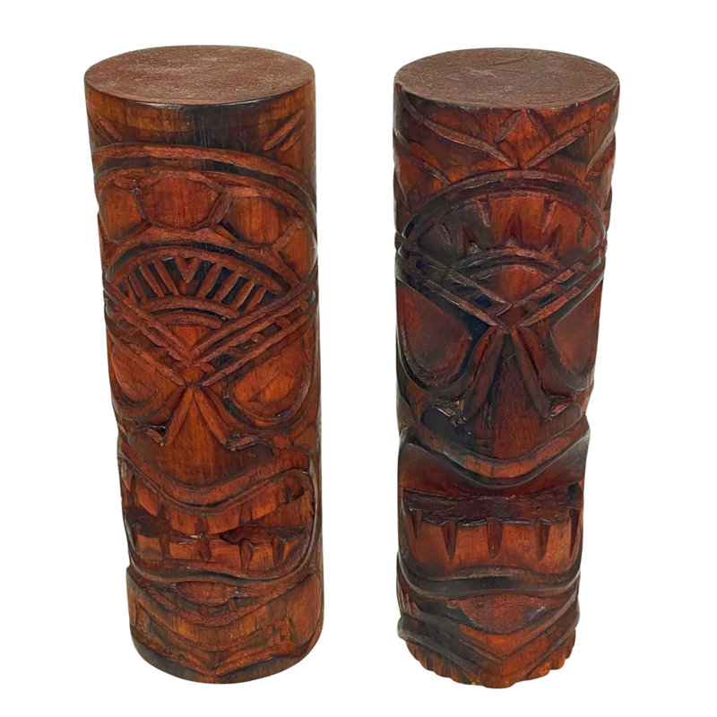 Ensemble de 2 statues tropicales Tiki totem en bois brun sculpté à la main pour tablette, d'une hauteur de 7,5 pouces