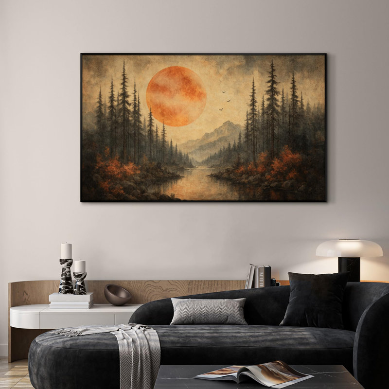 Extra Large Wall Art Fabric Print - Rustic Sunset Over Forest and River Landscape Artwork Decor for Living Room or Bedroom - "Frame Assembly Required (Unfinished Frame)"