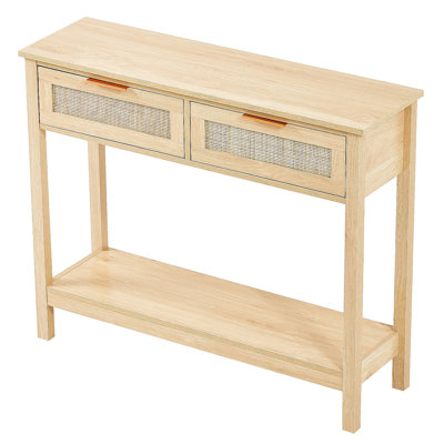 Rattan Console Table with 2 Storage Drawers, Rattan Entryway Table with Natural Rattan Sliding Door, Console Sofa Table for Living Room, Study, Entryway Or TV Wall
